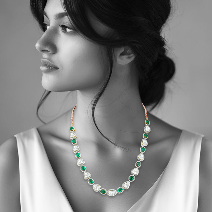 Oval Emerald Necklace with Unshaped Polki & Diamond Halo Borders